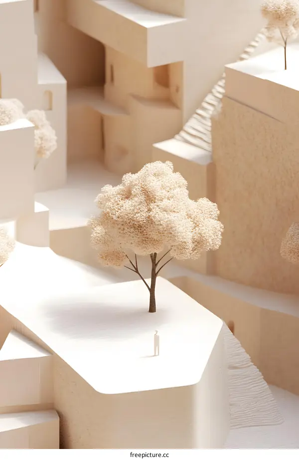 Minimalist 3D Paper Model of Cityscape with Tree and Person