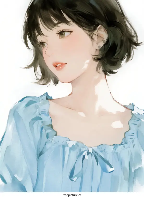 A Young Woman with Short Hair Wearing a Light Blue Blouse