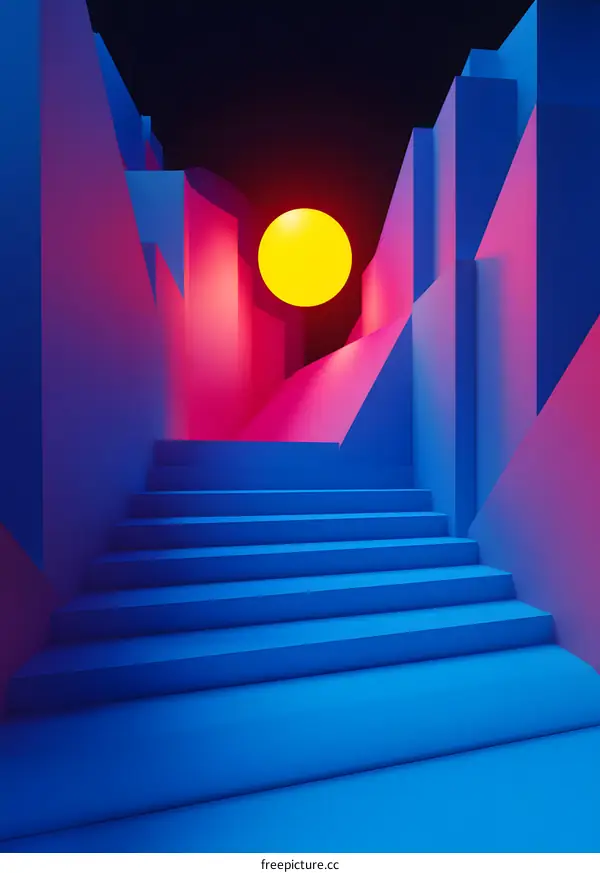 Abstract 3D Illustration of a Staircase in a Neon Colored Room with a Yellow Sphere