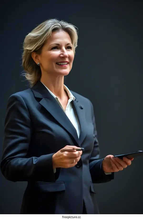 Businesswoman in a Suit Holding a Pen and a Tablet