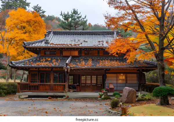 A traditional Japanese house surrounded by autumn leaves