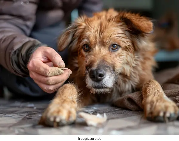 A man is feeding a brown dog