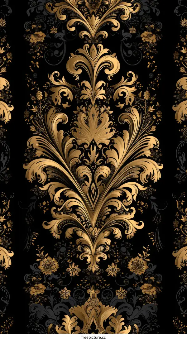 Vintage Floral Damask Pattern in Black and Gold
