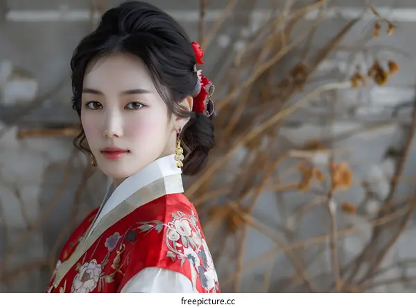 Korean Woman in Traditional Hanbok Dress