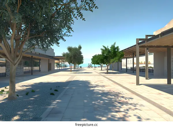 Modern Architecture Design,  Outdoor Courtyard with Trees and Stone Paving