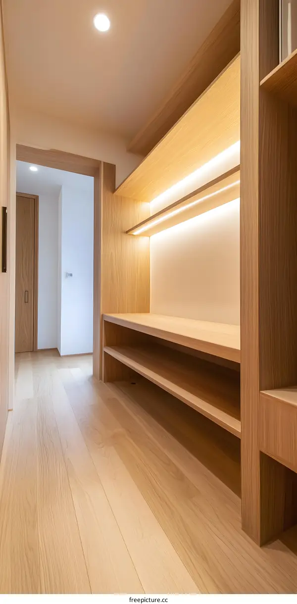Modern Wooden Hallway with Built In Shelving