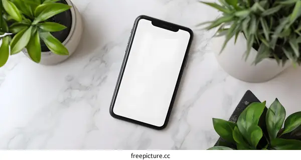 White Marble Table with Blank Screen Smartphone and Green Plants