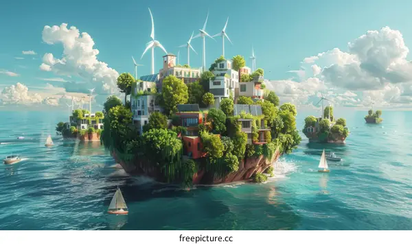 A group of islands with green buildings and windmills in the middle of the ocean