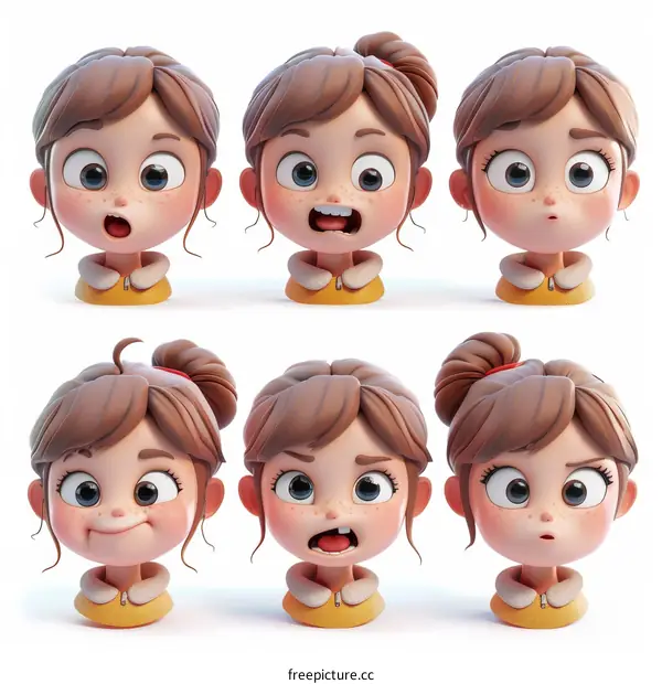 3D Cartoon Character Girl with Different Facial Expressions