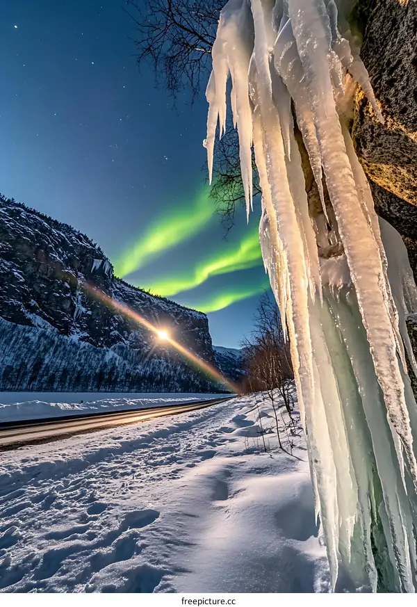 Northern Lights Aurora Borealis Over Snowy Road In Norway
