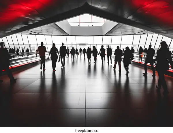 Silhouettes of People Walking Through Modern Airport Terminal
