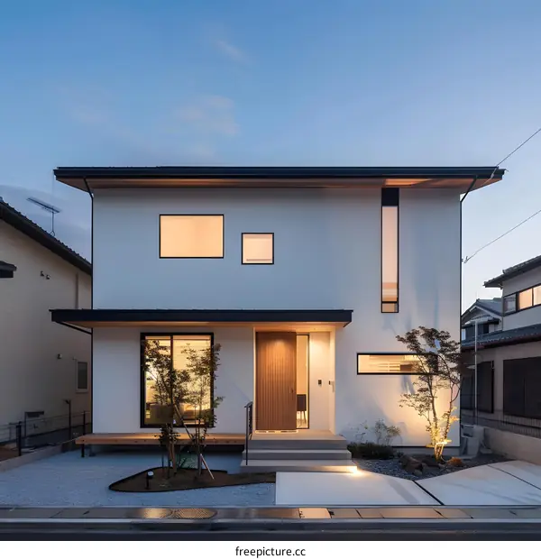 Modern White House with Wooden Door and Large Windows at Twilight