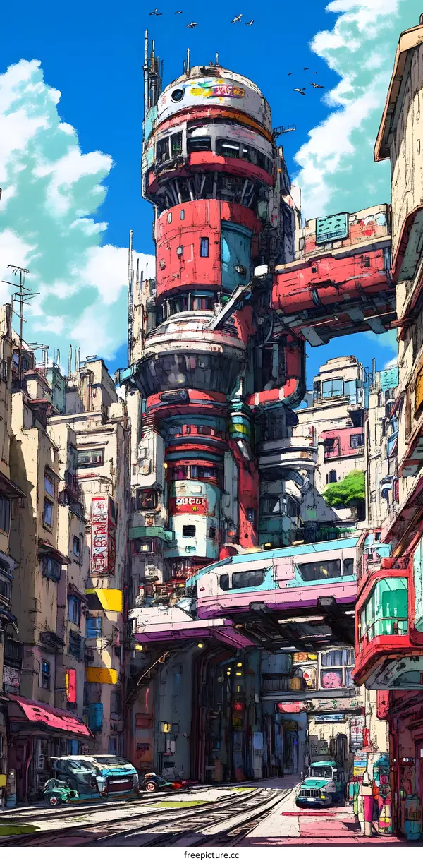 Futuristic Cityscape with Elevated Train and Tower