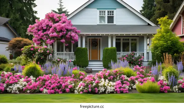 Colorful flowers and shrubs decorate the front yard of a suburban home