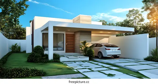 Modern House with Green Lawn and Car