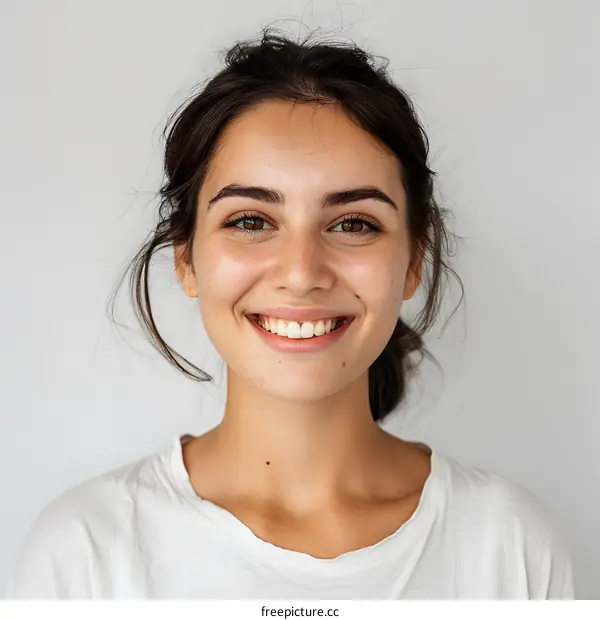 Smiling Woman with Brown Hair and White T-Shirt