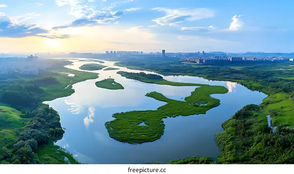 Aerial View of a River Winding Through Lush Landscapes
