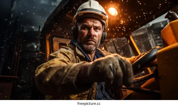 Construction Worker Operating Heavy Machinery on Site