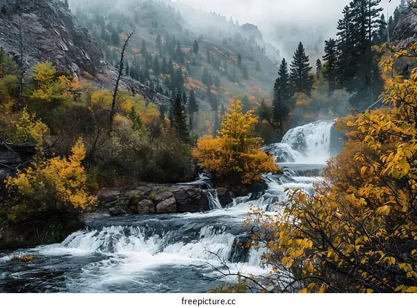 Waterfall in the Mountains in the Autumn