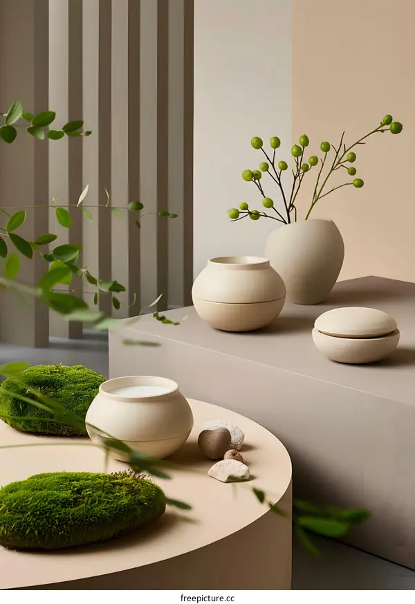 Stoneware Candles and Vases with Green Plants on a Minimalist Table