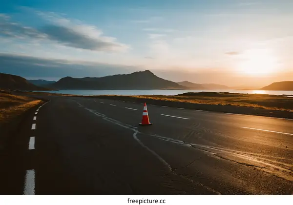 Sunset over an empty road with a traffic cone in the middle