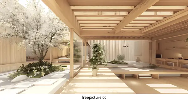 Modern Minimalist Japanese Garden Design with Wood Beams and a Small Tree