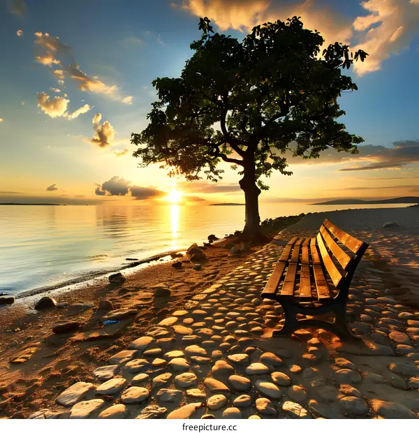 Sunset Over the Ocean with a Tree and a Bench