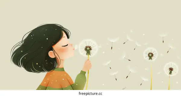 Little girl blowing dandelion seeds