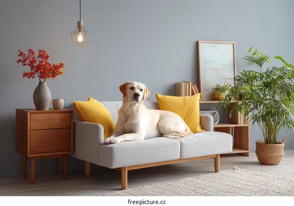 Modern Living Room Interior with Dog