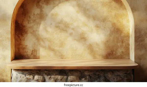 Wooden Display Shelf Against a Beige Wall