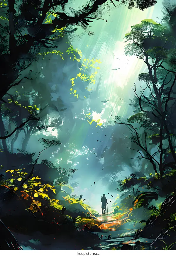 Mysterious Forest Path With A Silhouette Person
