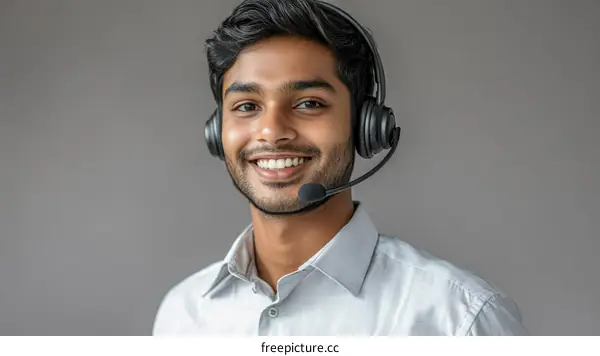 Smiling Asian Customer Service Representative Wearing Headphones