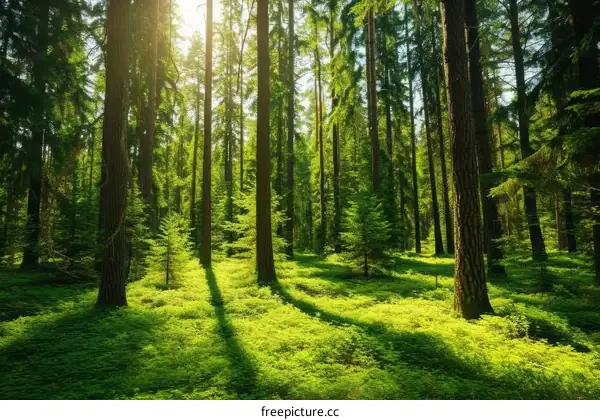 The sun shines through the green trees in the forest