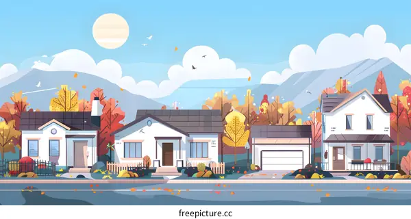 Autumn Scene with Houses and Trees