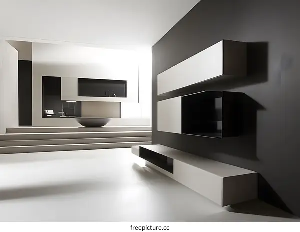 Modern Minimalist Interior Design with Floating Shelves and a Freestanding Tub