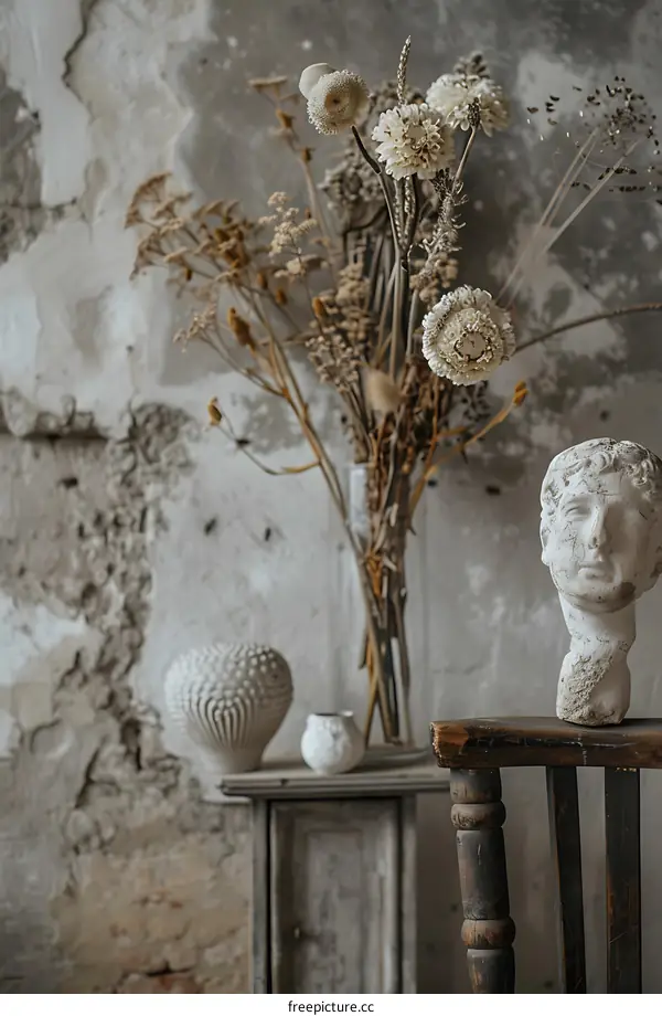 Dried Flowers in a Vase on a Rustic Table