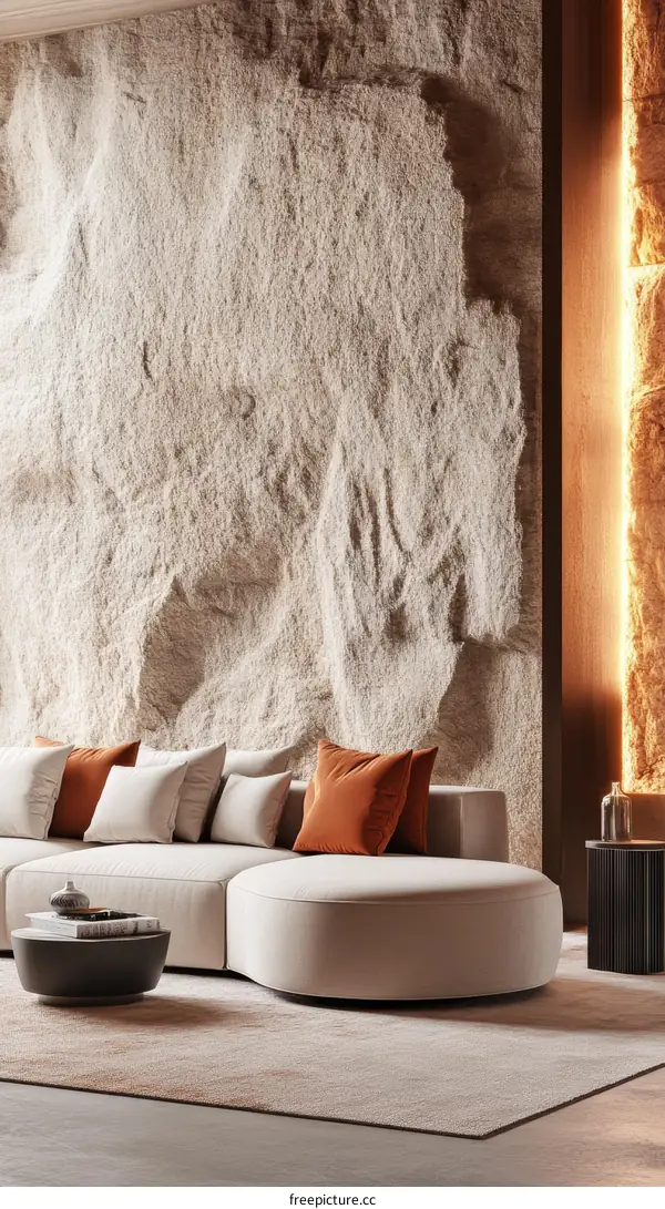 Modern Beige Sofa Set with Stone Wall