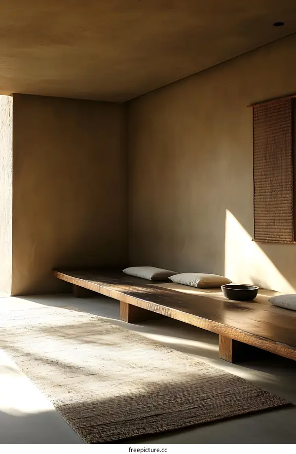 Minimalist Interior Design with Wooden Bench and Natural Light