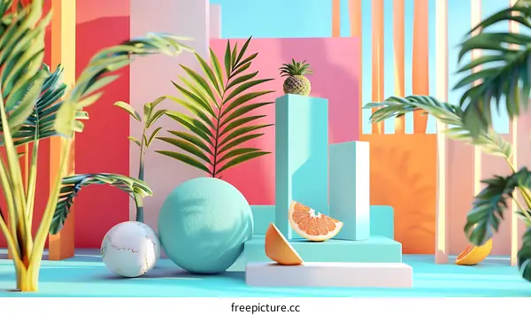 Tropical Summer Minimalist Background with Green Palm Leaves and Fruits