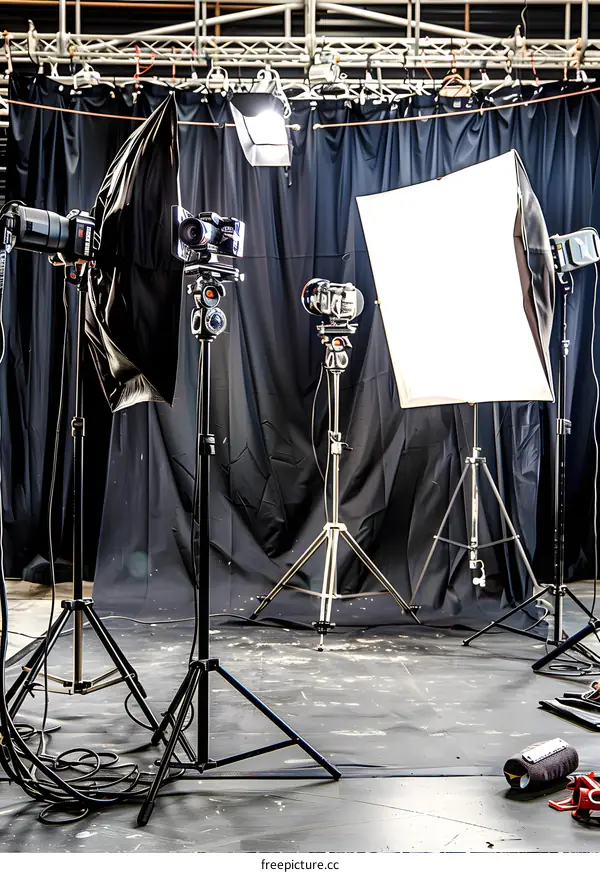 Studio Photography Setup with Lighting Equipment and Black Backdrop