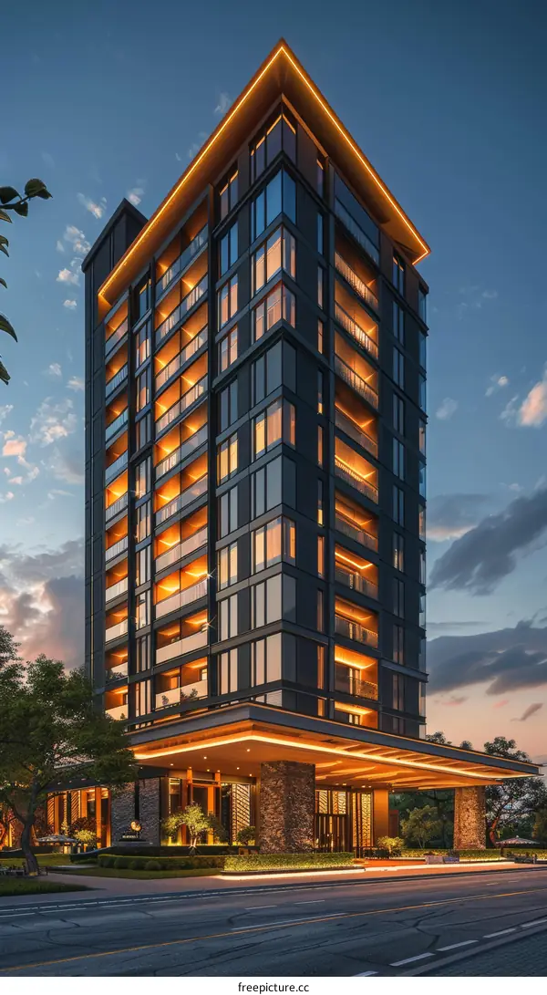 Slender glass and concrete skyscraper with balconies