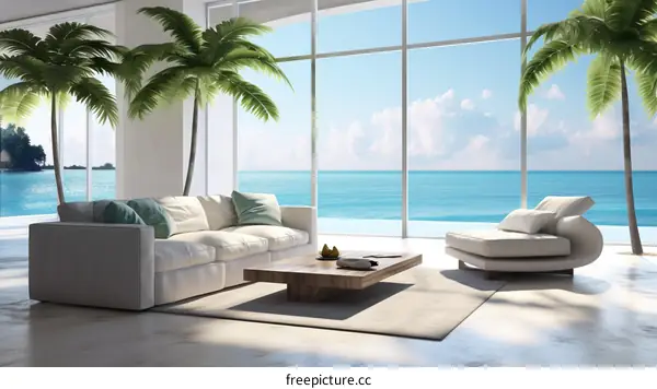 Modern minimalist living room interior with white sofa and blue sea view