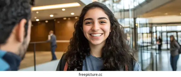 Smiling Young Woman in Building Lobby