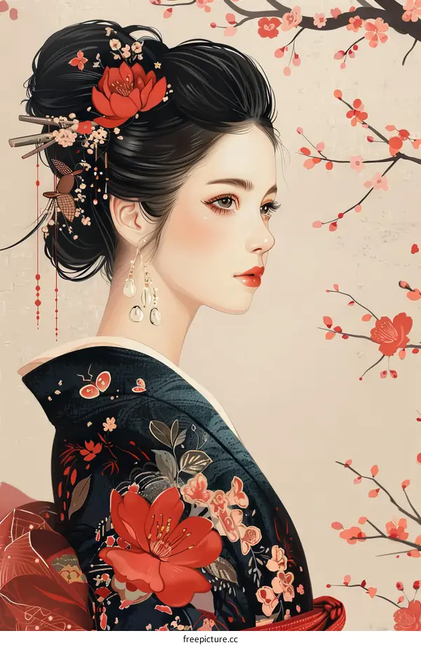A beautiful Japanese woman in a kimono with red and white flowers in her hair