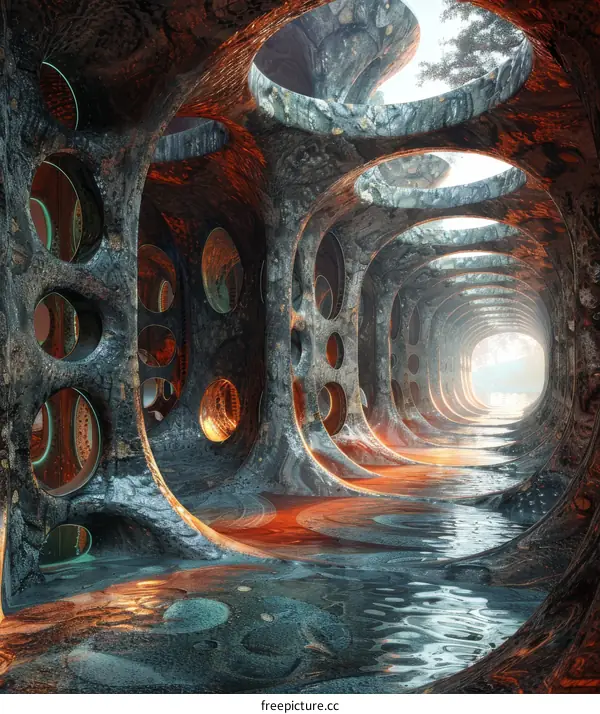 Glowing River Through Futuristic Organic Architecture