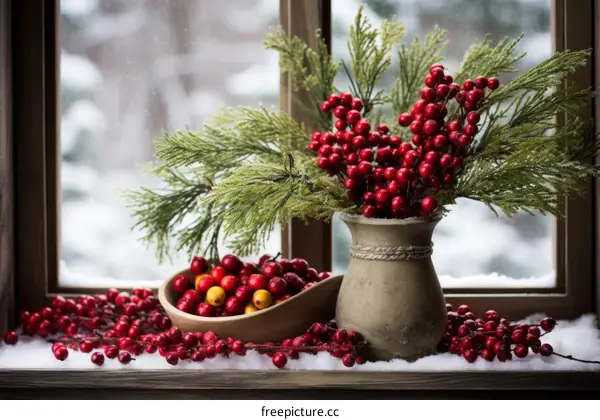 A beautiful winter arrangement of red and yellow berries in a vase with greenery