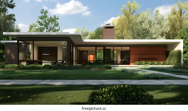 Modern House with Large Windows and Green Lawn
