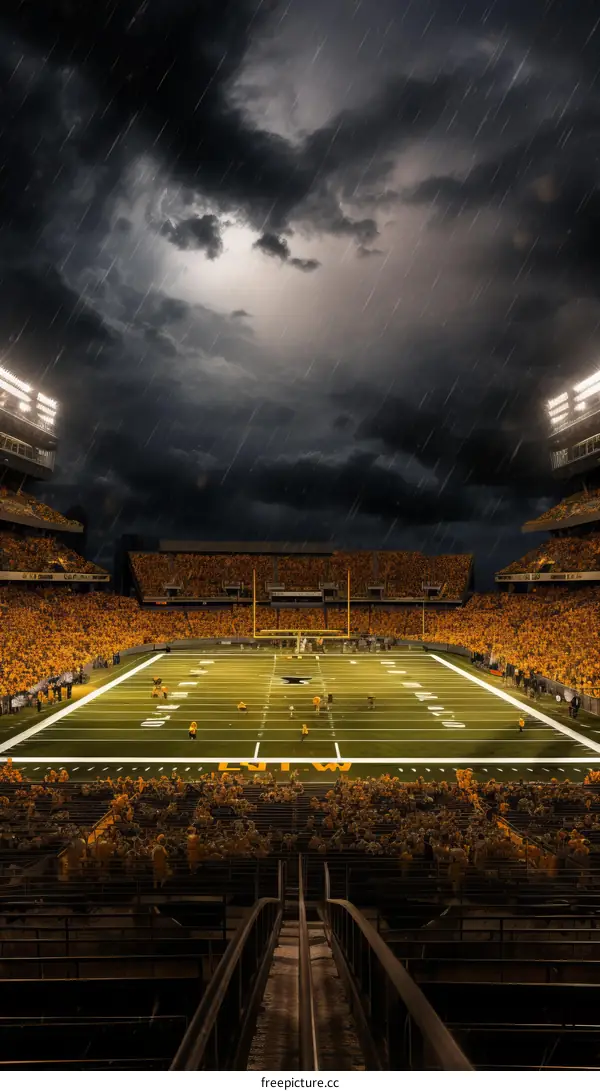 American football field under dark stormy sky