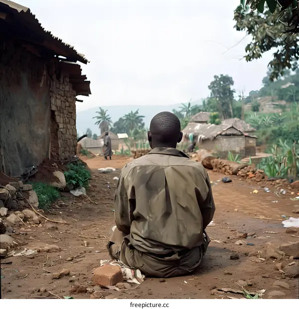 African Man Sitting on Dirt Road in Front of Rural Village