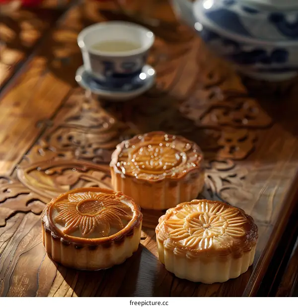 Traditional Chinese Mooncakes on Wooden Table